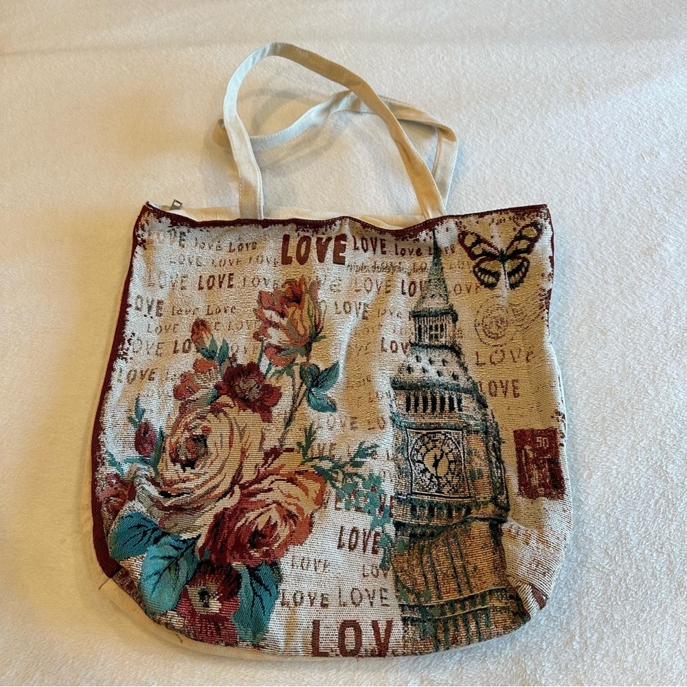 Beige Vintage Canvas Print Shopping Tote Bag